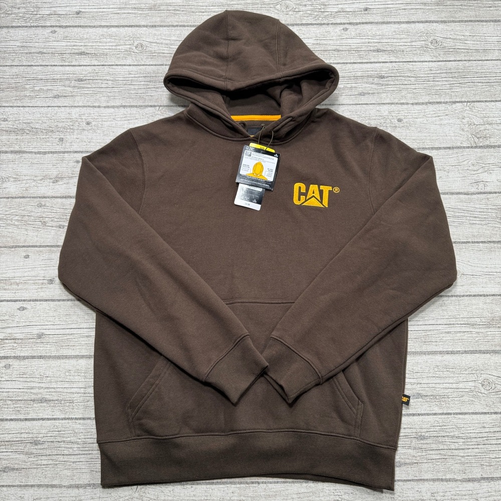 NEW CAT Caterpillar Hoodie Men's Small Brown Loose Fit Fleece Pullover Workwear